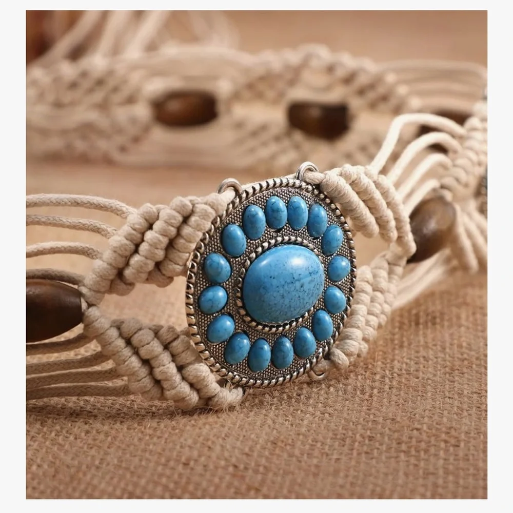 🆕 Boho Braided Belt for Women Hand-Woven Wax Rope & Turquoise Belt Western